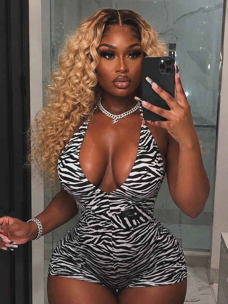 

Kliou Zebra Stripes Rompers Woman Lace-Up Halter Low-Neck Backless Shape Waist Skinny Peach Hip Midnight Club Party Playsuits