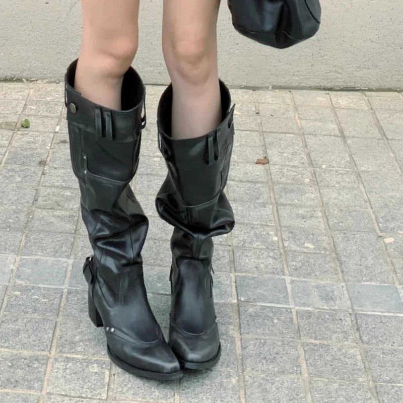 

Fashionable pointed large tube wrapped thick heel retro western cowboy boots thick long leg knight women's boot