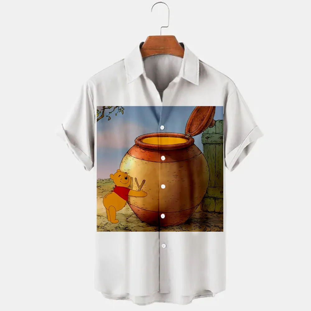 Chemise à revers à manches courtes pour hommes, haut de marque Disney, coupe cintrée, décontracté, dessin animé Winnie l\'ourson imprimé en 3D,
