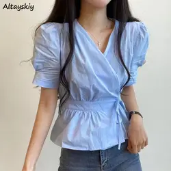 Shirts Women V-neck Lace-up Short Sleeve Flattering Waist Solid Minimalist Trendy Designed Summer All-match Korean Style Blouse