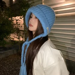 Korean Version Simple Blue Strap Beanies Cap for Women Autumn and Winter Casual Versatile Thermal Ear Protection Pullover Hat