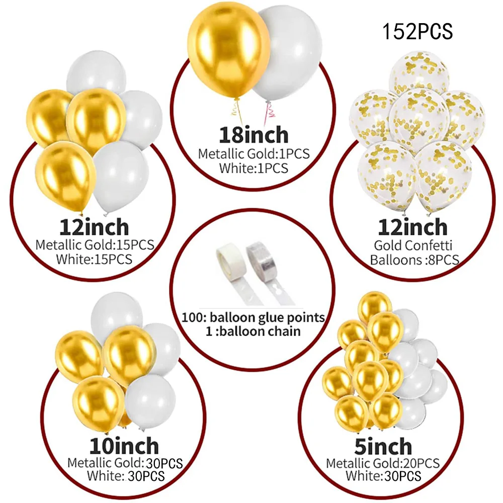 152PCS White Gold Balloon Garland Kit Arch Metallic Gold Balloons for Prom Bridal Shower Birthday Party Graduation Decorations