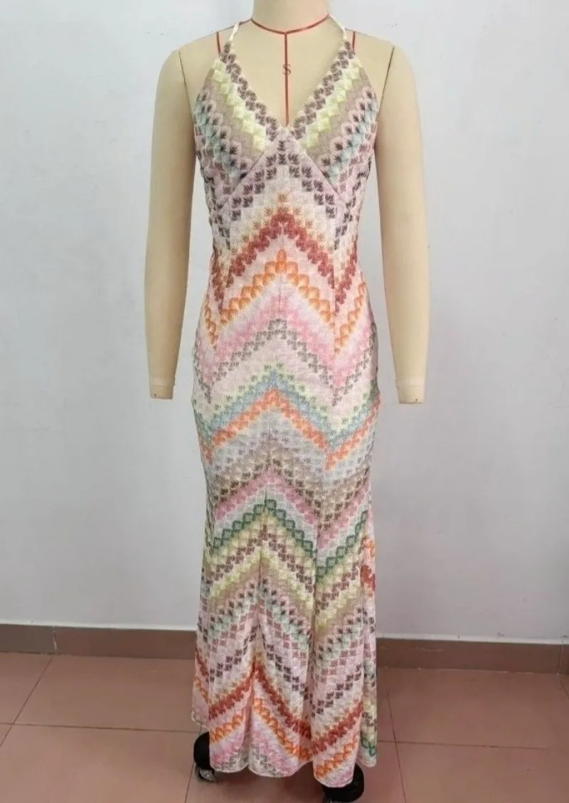 Bohemian Multicolor Chevron Halter Maxi Dress Retro Deep V Neck Criss Cross Backless Sleeveless Pleated Draped Dresses Holiday