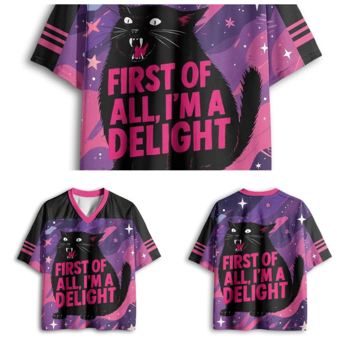 Latest Adult and Children's 'First, I'm Super Charming' Starry Sky Black Cat 3D Print V-Neck Cartoon Animal Sports T-Shirt