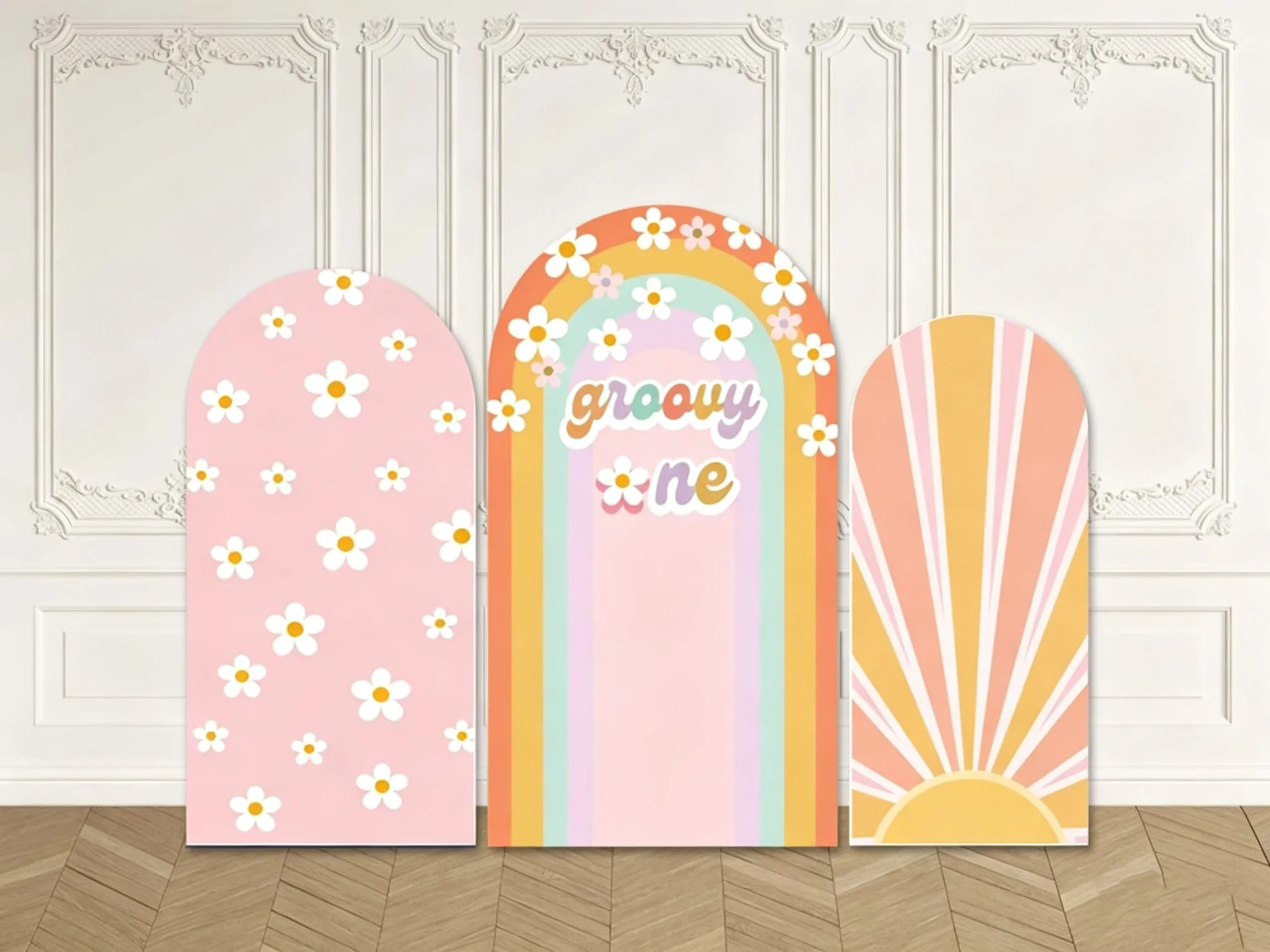 Custom Double-Sided Two Groovy One Baby Shower Arch Backdrop Cover Pink Daisy Rainbow Birthday Party Photography Background