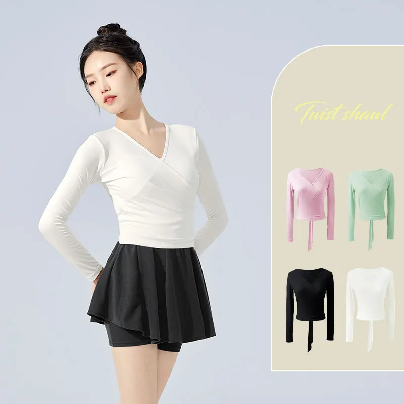 Kobieta Ballet Tops Ballet Jacket Dance Wrap Top Knitted V Neck Long Sleeve Dance Shirt Bandage Training Dance Tops Dance Costumes