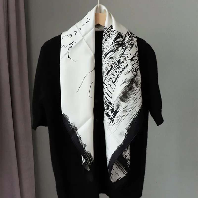 Autumn 100% Silk Scarf Neckerchief 90 Silk Scarf Shawl Black White Fashion Printed