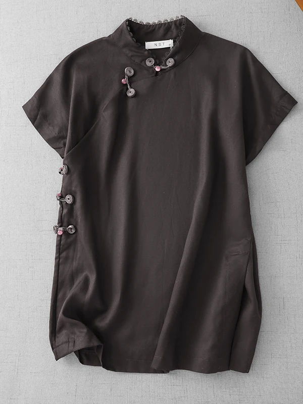 

Ретро китайский Sle Pure Color irt большой размер женский модный ort Sve воротник-стойка дзен чайный костюм топ летний