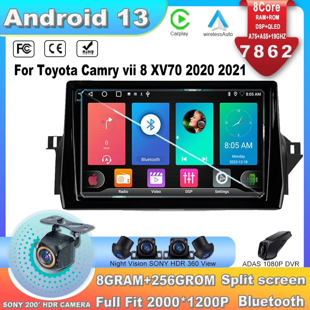 For Toyota Camry vii 8 XV70 2020 2021 Multimedia Monitor Screen Navigation Stereo Android 13 Radio Video Player NO 2Din 7862CPU