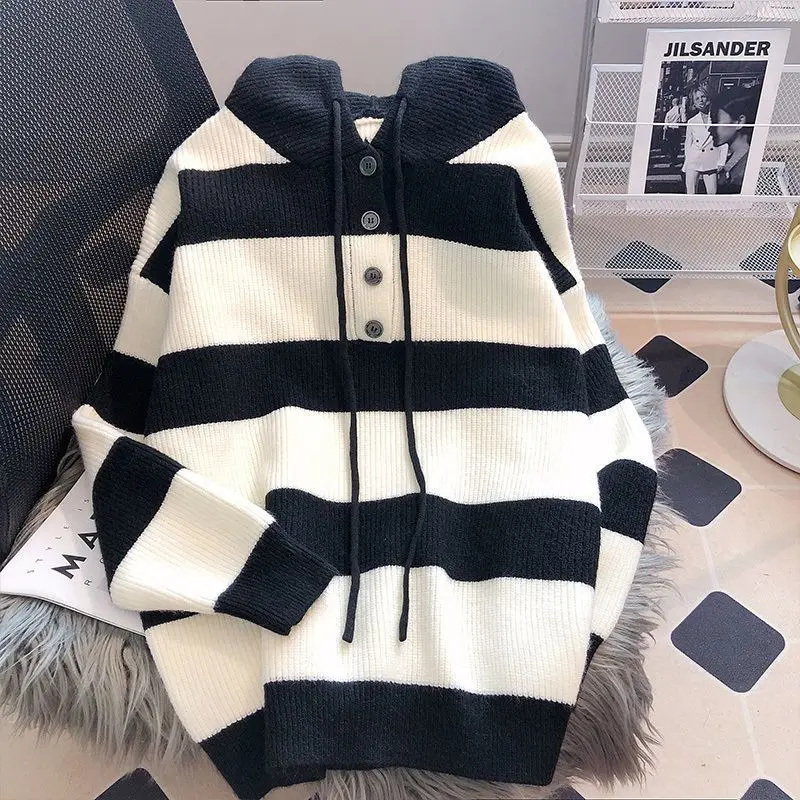 Women\'s Clothing Fashion Loose Striped Hooded Sweaters Autumn Winter Korean All-match Patchwork Long Sleeve Knitted Tops Female