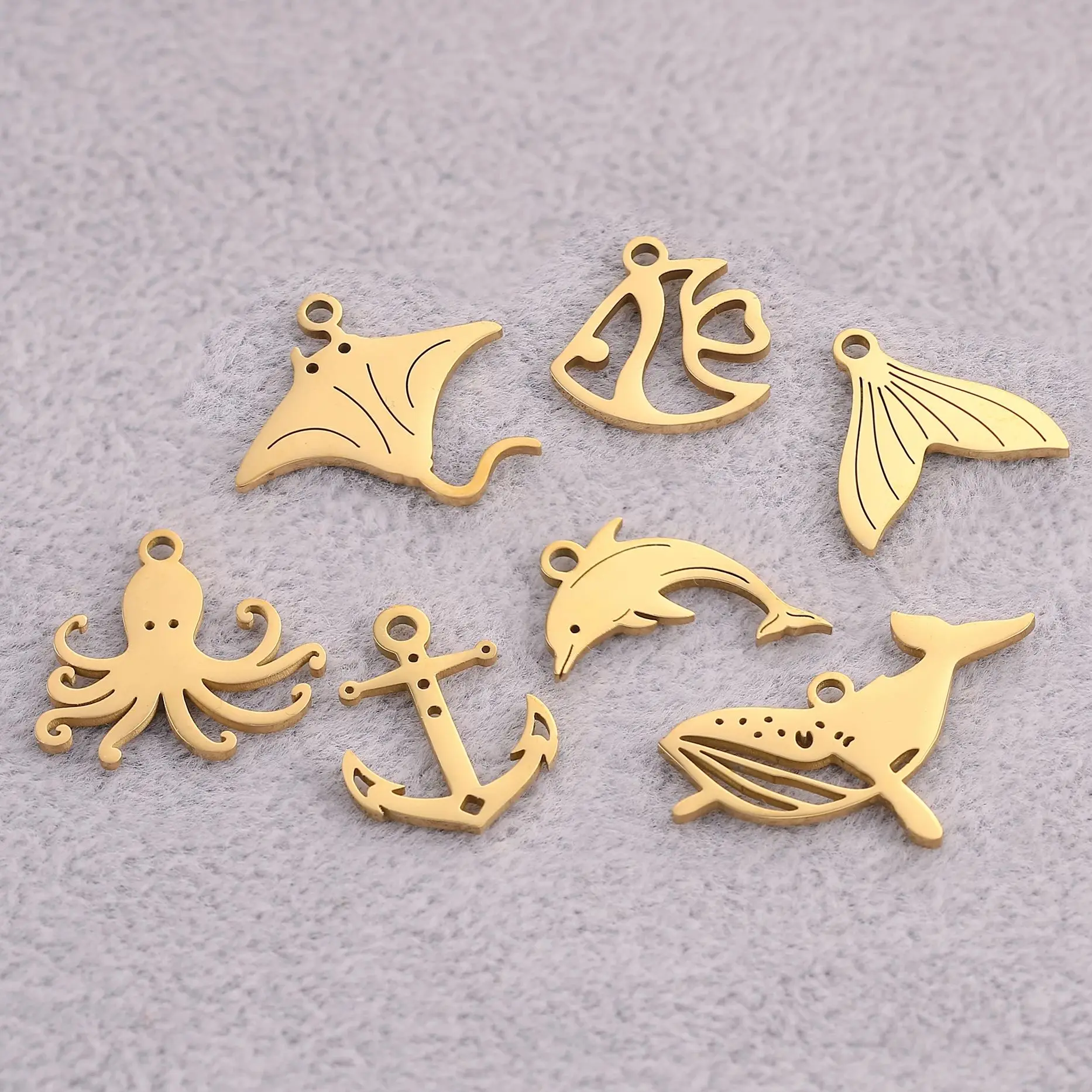 5Pcs Octopus/Anchor/Sea Fish/Whale Tail Charm Stainless Steel Summer Ocean Animal Pendant Dangle Fit Diy Bracelet Jewelry Making