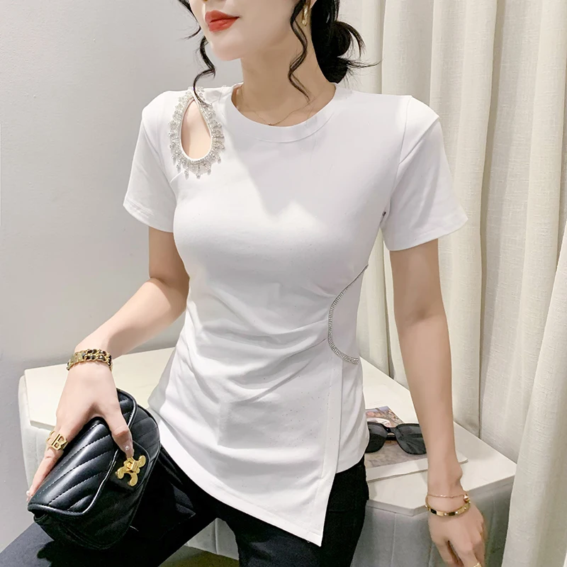 패셔너블한 비대칭 홀로우 아웃 오르트 스페이드 티셔츠 여성 슬림핏 섹시 다이아몬드 장식 탑 한국 스타일 코튼 블렌...