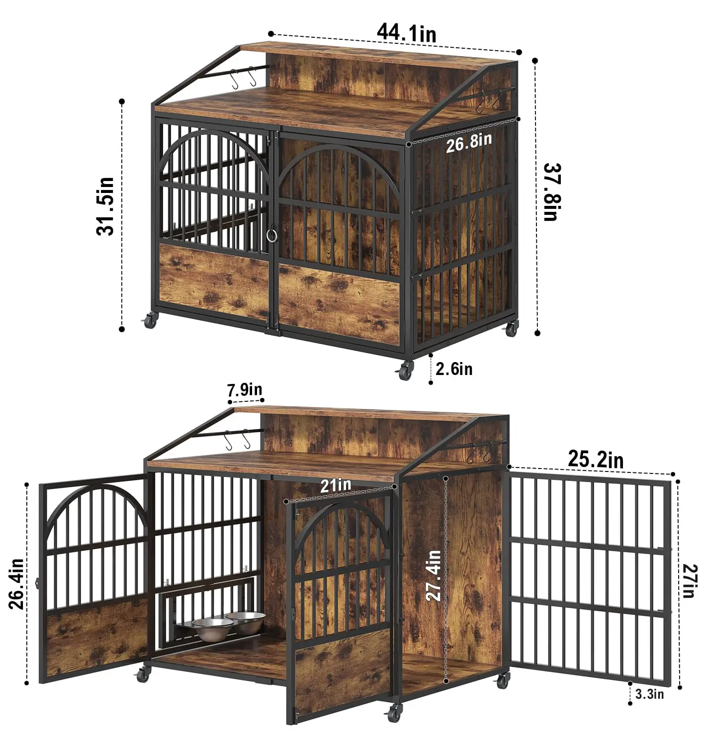 44 Inch Heavy Duty Dog Crate Furniture with 3 Doors, Dog Kennel with 360° Stainless Steel Bowls, Lockable Wheels, Wood