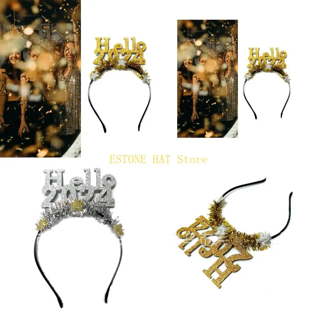 

49MF Shining HELLO 2024 Headband Festival Hair Hoop New Year Performance Headpiece Halloween Party Costume Prop Unisex