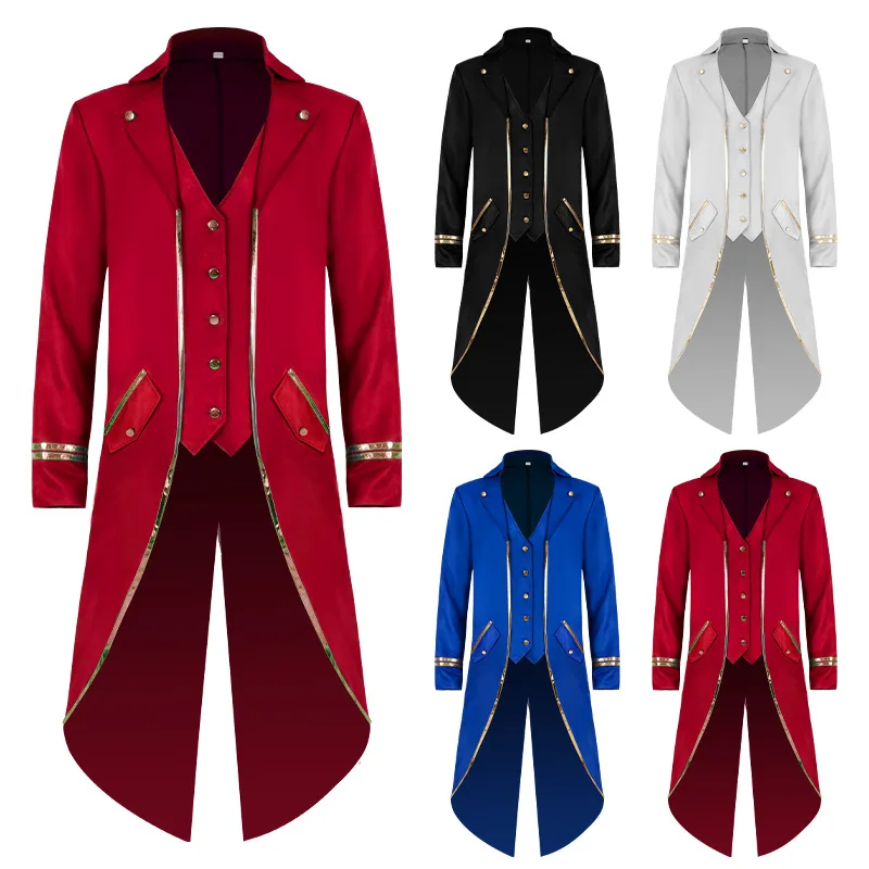 New Halloween Tailcoat Medieval Retro Costume Long Gold Trim Slimming Performance Coat Stage Costume Ladies Fashion