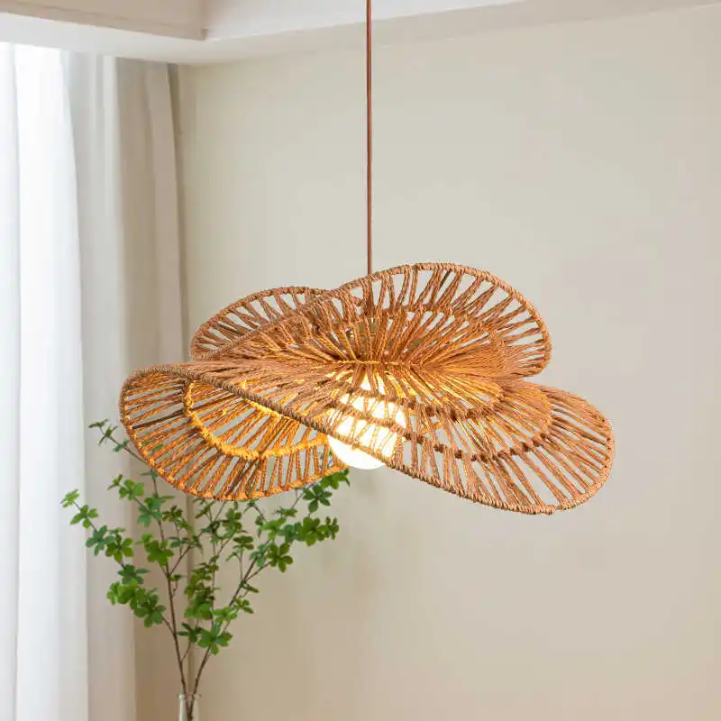 

Japanese Wabi-sabi Paper String Ceiling Pendant Lights Iron Art Hanging Lamp Living Room Bedroom Tea House Restaurant Chandelier