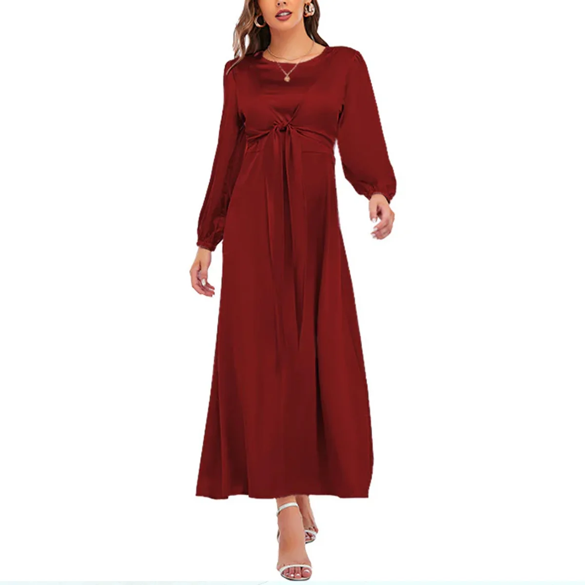 

Women's Tie-Up Elegant Satin Modest Muslim Dress - Long Sleeve Flowy Maxi Abaya, Islamic Evening Gown for Casual And Vacations