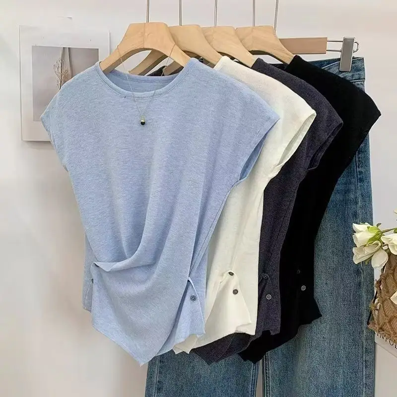 Summer Thin Knitted Shirt Women 2026 New Arrival Round Neck Flutter Shoulder Short Sleeve Slim Fitted Stylish Unique Casual Tops