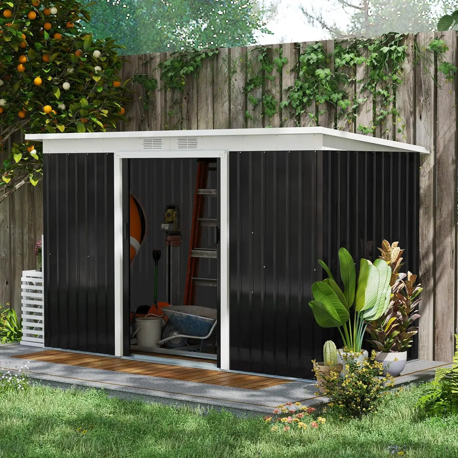 Outsunny 9' x 4' Outdoor Storage Shed, Galvanized Metal Utility Garden Tool House, Lockable Door for Backyard, Bike, Patio