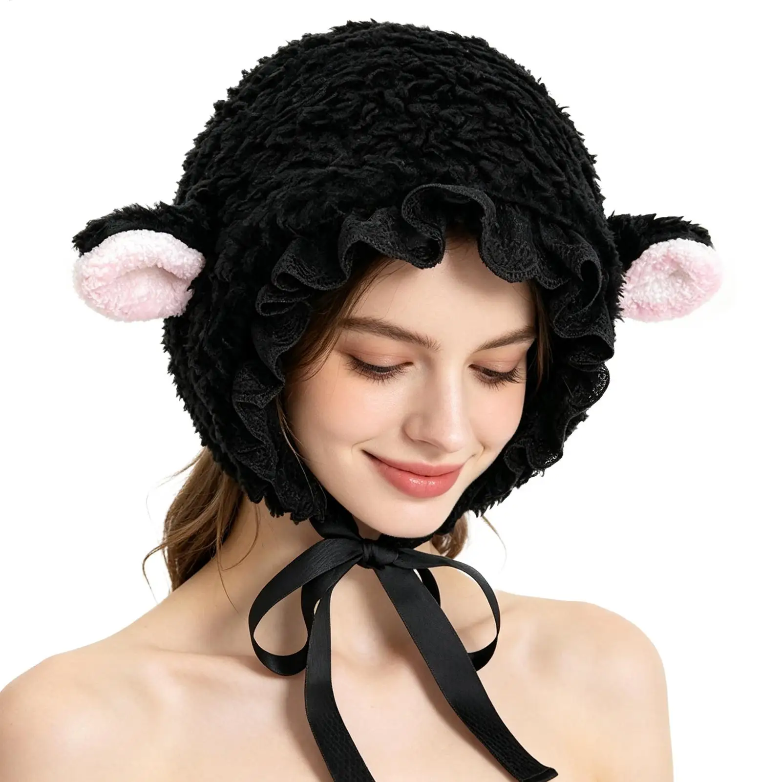 Sheep Hat Cute Warm Costume Headband with Adjustable Chin Ties Lamb Costume for Winter Outdoor Party Halloween Festival Camping