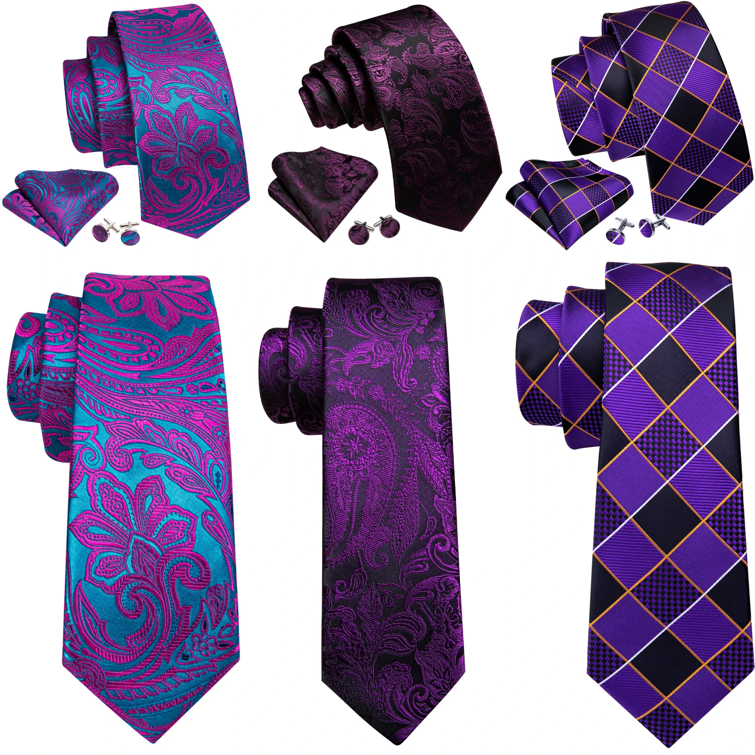 Barry.Wang Jacquard Dark Purple Men's Tie With Pocket Square Cufflinks Set Exquisiet Necktie For Male Wedding Business