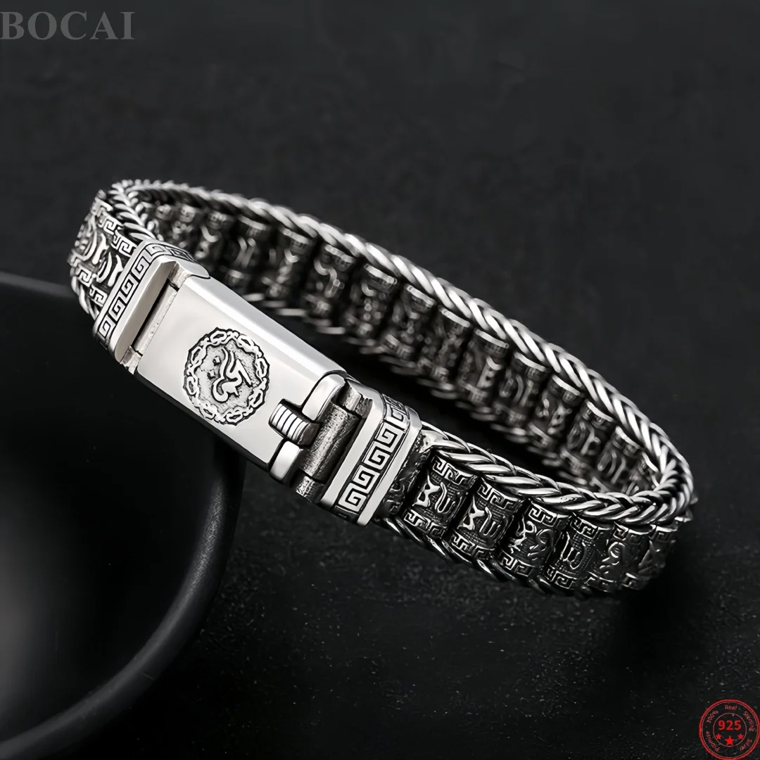 BOCAI New S925 Sterling Silver Charms Bangle for Men Six Character Mantra Prayer Wheel Bracelets Fine Choice Jewelry