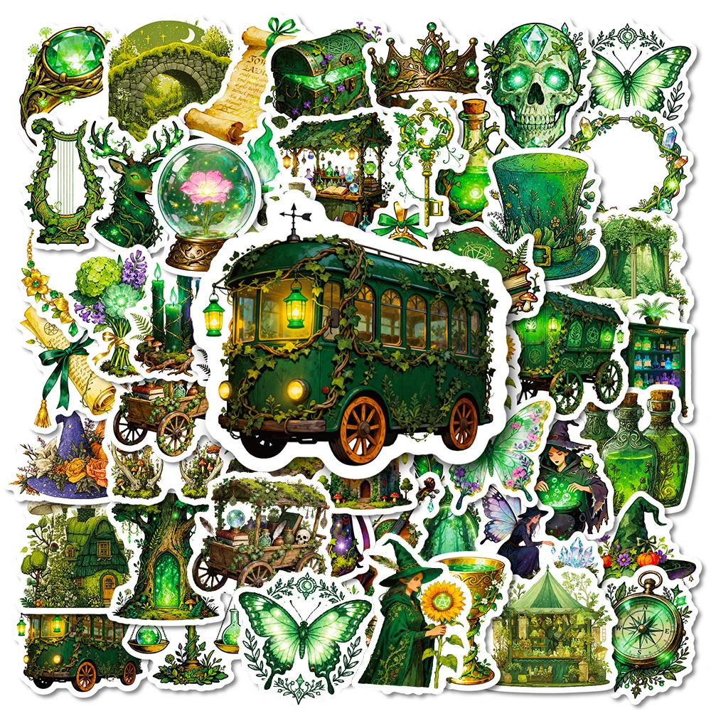 

10/30/56pcs Vintage Green Forest Magic Witch Stickers Gothic Cartoon Sticker DIY Motorcycle Laptop Notebook Cool PVC Decals Toys