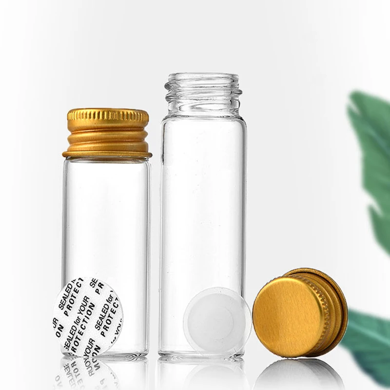 7-30ml Clear Glass Bottle With Aluminium Cap Gold Small Test Tube Candy Spices Storage Travel Empty Refillable Bottles