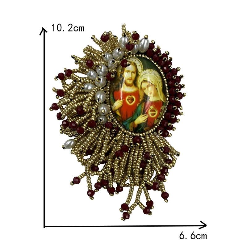 Rhinestone Bead Red Heart Jesus Patch for Clothing Embroidered Appliques Sew on Cross Virgin Badges Stripes Stickers on Clothing