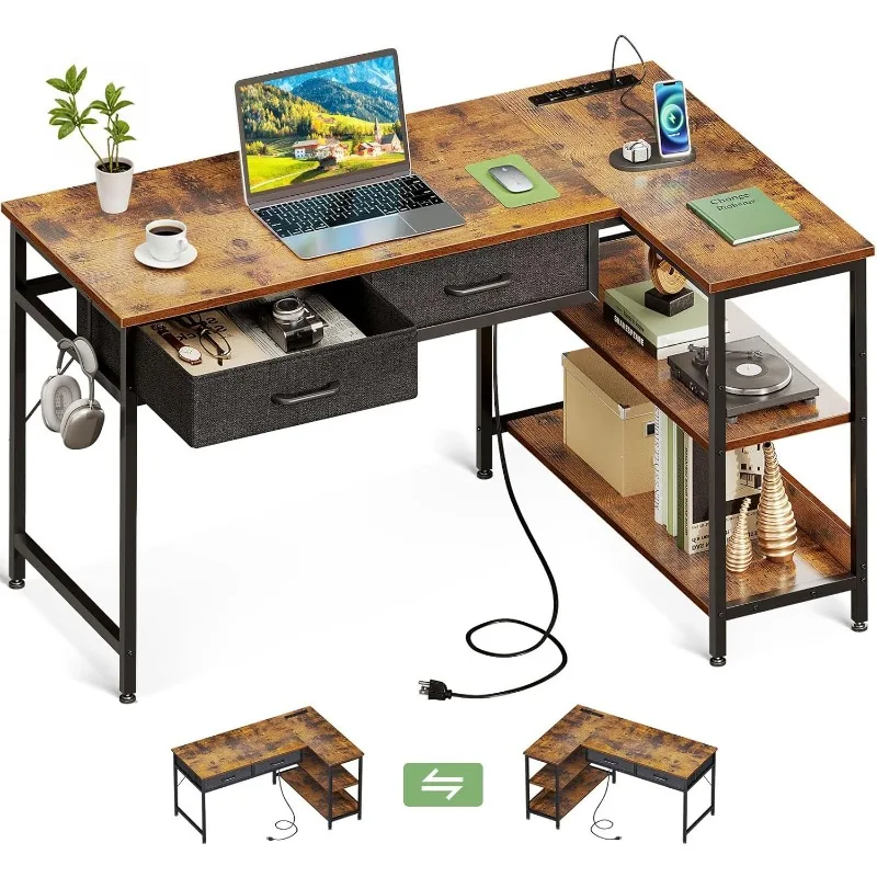 

40 Inch L Shaped Computer Desk with 2 Drawers, Small Desk for Small Space, PC Desks, Vintage