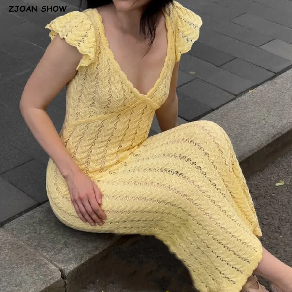 

Trendy Hollow Out Hole Knitted Short Flying Sleeve Dress Women V neck Slim Package hips Skinny Ankle Length Long Vestidos Robe