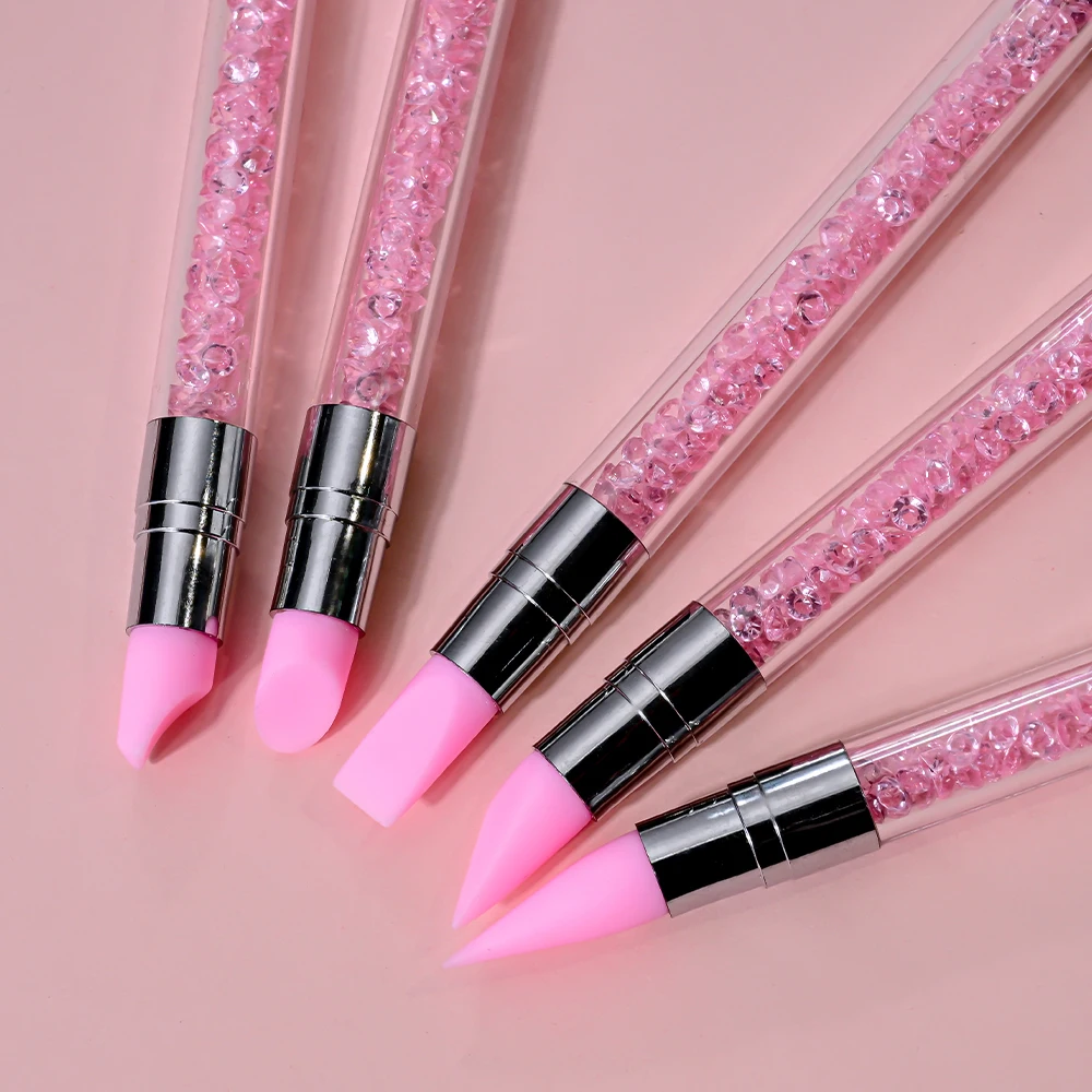 Juego de 5 uds de bolígrafos para decoración de uñas de silicona de doble punta, color rosa, pegamento para tallado de flores 3D, bolígrafo para estampado, pincel para manicura DIY, bolígrafo para punteado de uñas