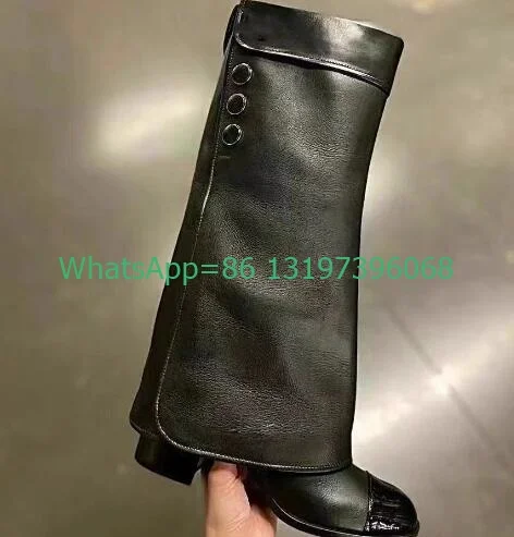 Lady Black Turn-Over Edge Design Chunky Heel Knee Boots Metallic Pu Black Mirror Pu Boots Causal Runway Dress New Arrive Boots