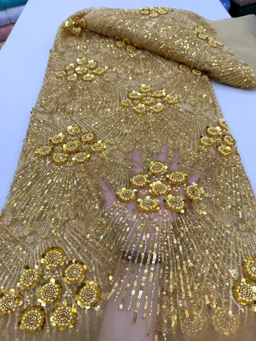 

5 ярдов, роскошная высококачественная сетчатая ткань в Дубае, королевская свадебная кружевная ткань с бисером для шитья свадебного платья