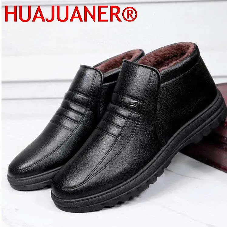 Winter Waterproof Men\'s Casual Leather Shoes Flannel High Top Slip-on Male Casual Shoes Rubber Warm Winter Shoes for Mens