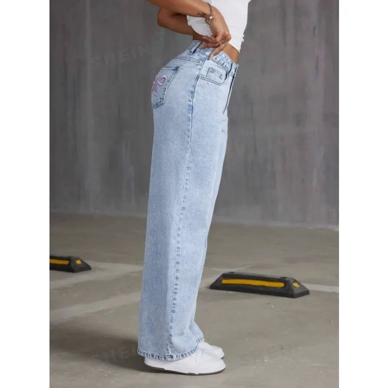 Y2k Retro Harajuku Bow Embroidery Washed Jeans Women American Sweet Spicy Wind Straight Loose Pants Wide Leg Jeans