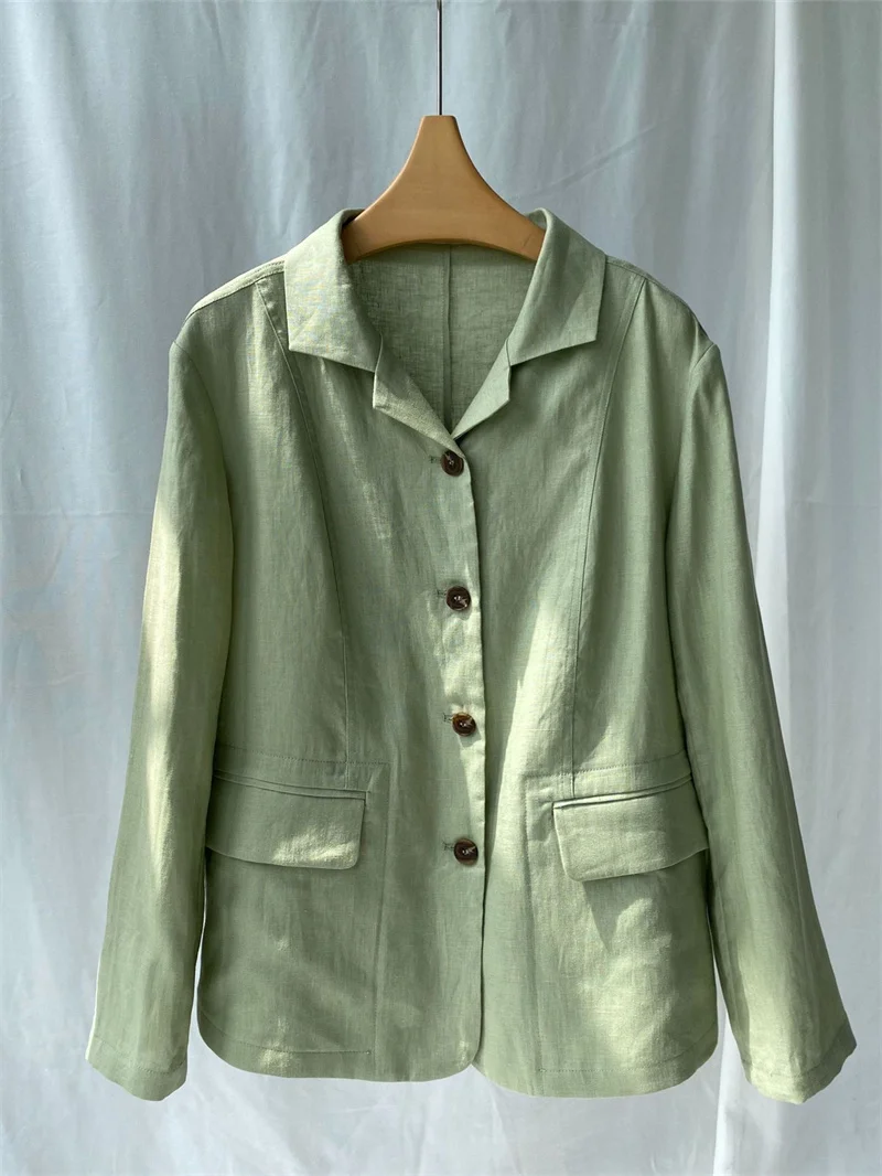 

100% Linen Women Green Blazer Long Sleeve Split Single Breasted Fashion Pockets 2024 New Female Turn-Down Collar Jacket