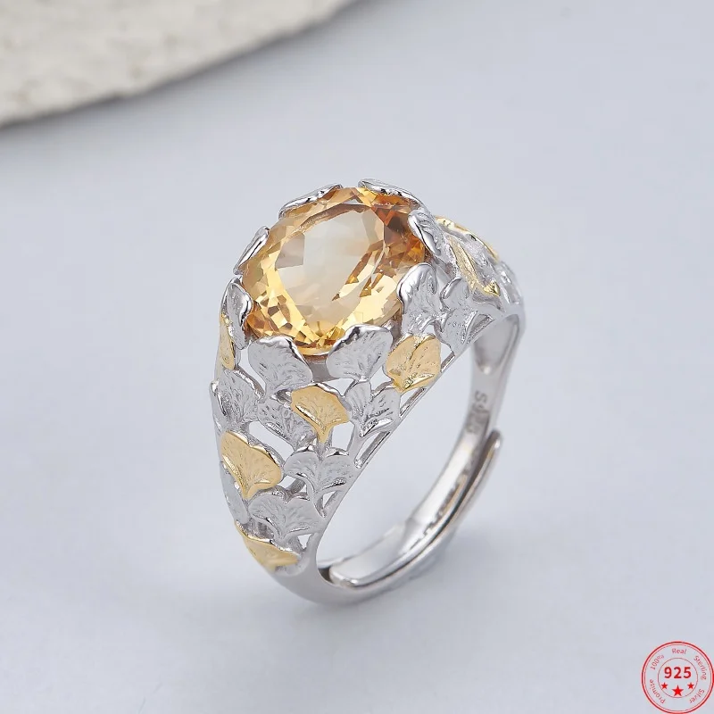 

Кольца из стерлингового серебра 925 пробы для женщин и мужчин, разноцветные полые листья гинкго, инкрустированные натуральным цитрином, модные ювелирные изделия, оптовая продажа