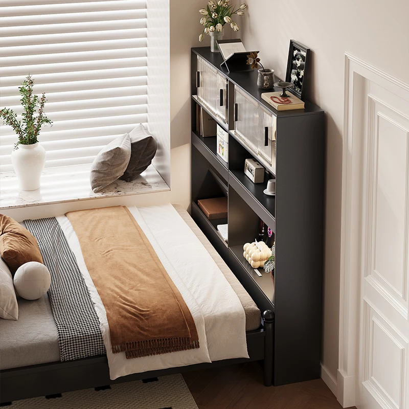 

American bedside table, locker, integrated room against the wall, long bar cabinet at the end of the bed, bedroom, small side