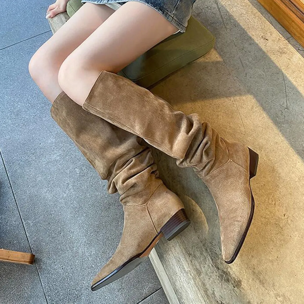 Over the knee long boots for women  autumn and winter thick heeled high rise knight boots  Maillard Western boots