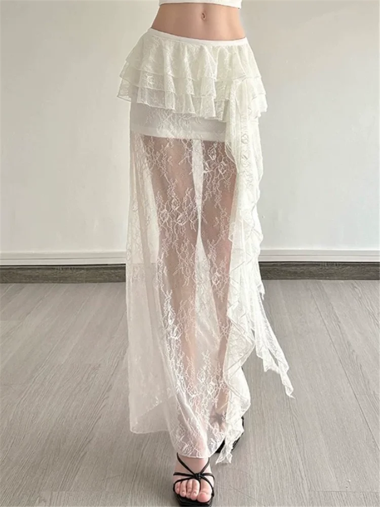 

French Romantic Summer Resort Style White Lace Skirt High Waist Ruffles Straight Long Skirt Sweet Girl Sheer Transparent Bottom
