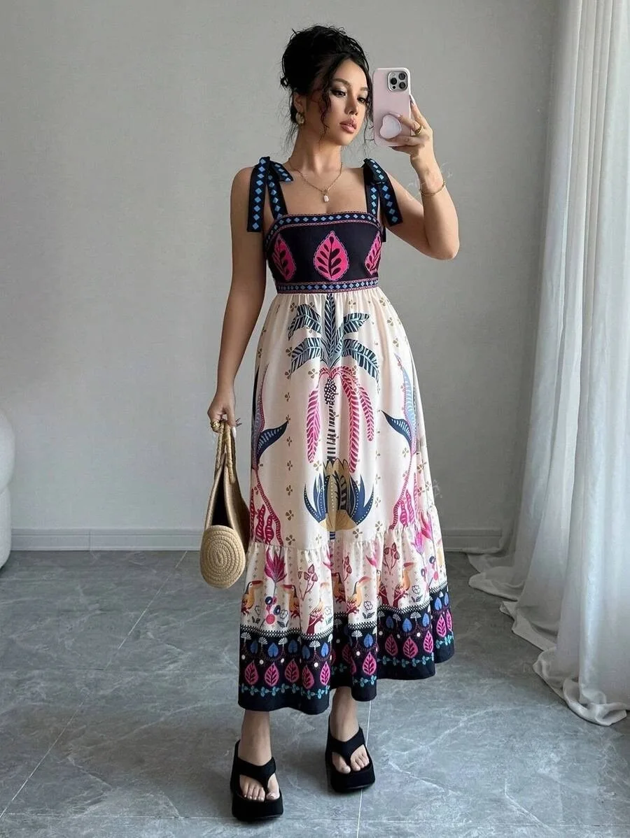 Sukienka na szelkach w stylu boho z nadrukiem, seksowna, z odkrytymi ramionami, elastyczna, z wysokim stanem, z szerokim dołem, długa, codzienna, wakacyjna odzież damska.