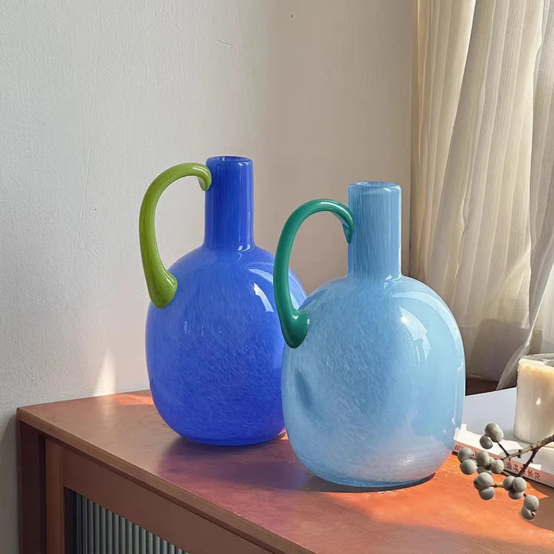 Blue Glass Vase One-ear Handle Kettle Shape Floral Arrangement Accessories Flower Vase Room Decoration Accessories