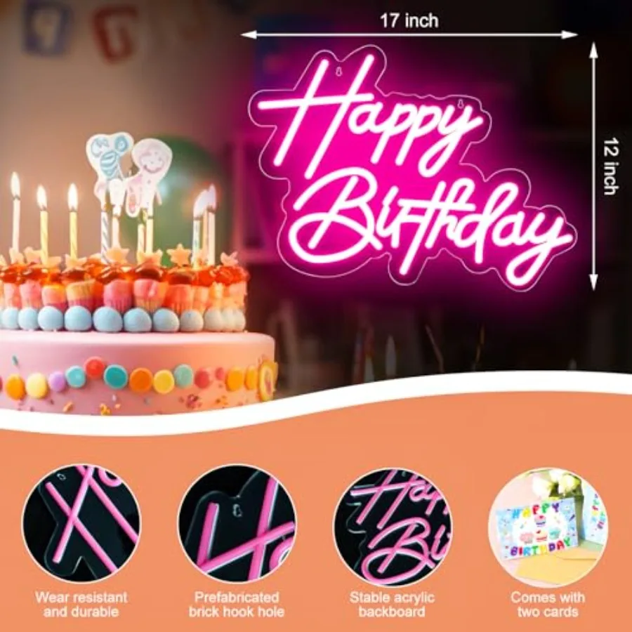 Happy Birthday Neon Sign for Wall Decor, USB Powered LED Neon Sign with Dimmable Brightness, Ideal for All Ages Birthday Partie