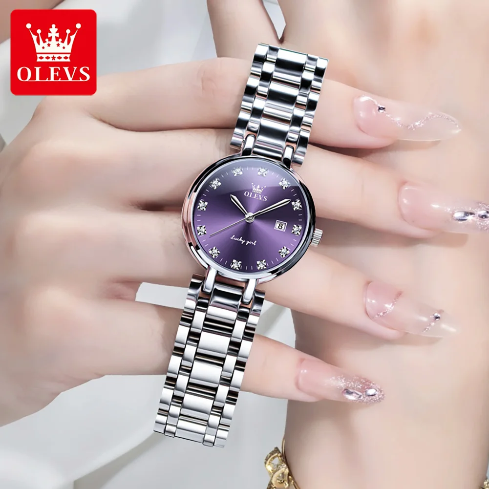 OLEVS 5575 브랜드 여성용 쿼츠 손목시계, 우아한 다이아몬드 다이얼, 달력, 스테인레스 스틸 스트랩, 방수 캐주얼 숙녀 시계