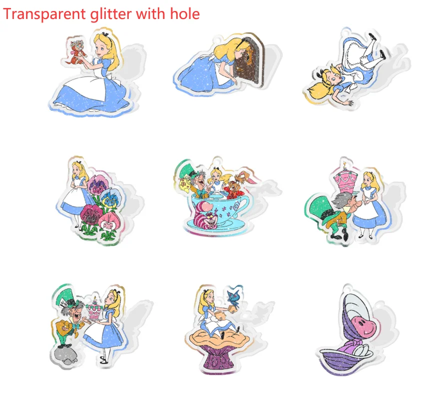

Disney Princess Alice 10 Pcs/Lot With Hole Transparent Glitter Resin Planar Flatback For DIY Craft Supplies