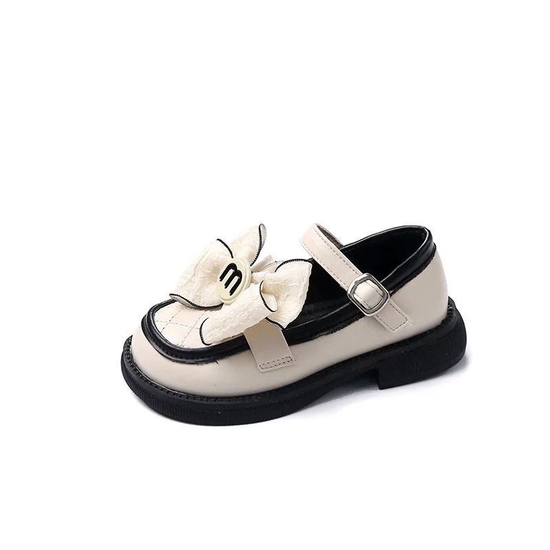 2023 New Girls Leather Shoes Versatile Soft Sewing Kids Shoes Loafers Bow Children Casual Shoes Free Shipping Black Beige Spring