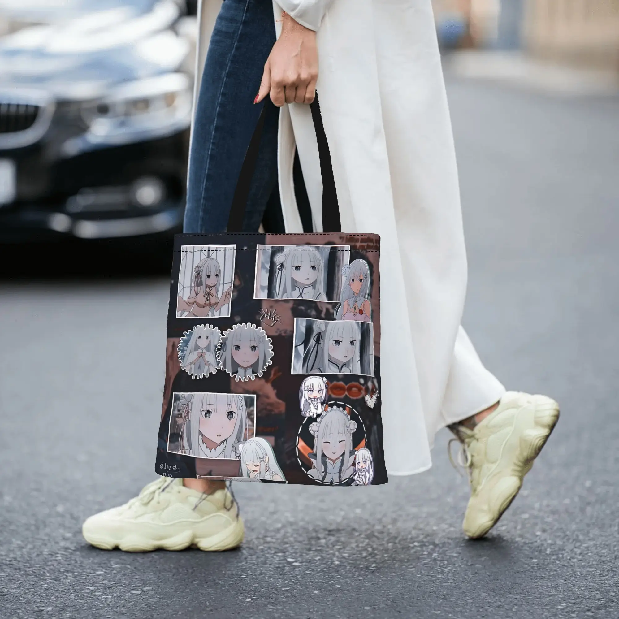 Customized Re ZERO Anime Emilia Women's Bag Shopping Bag Reusable Double Sided Canvas Tote Bag Shoulder  Handbag Its bags