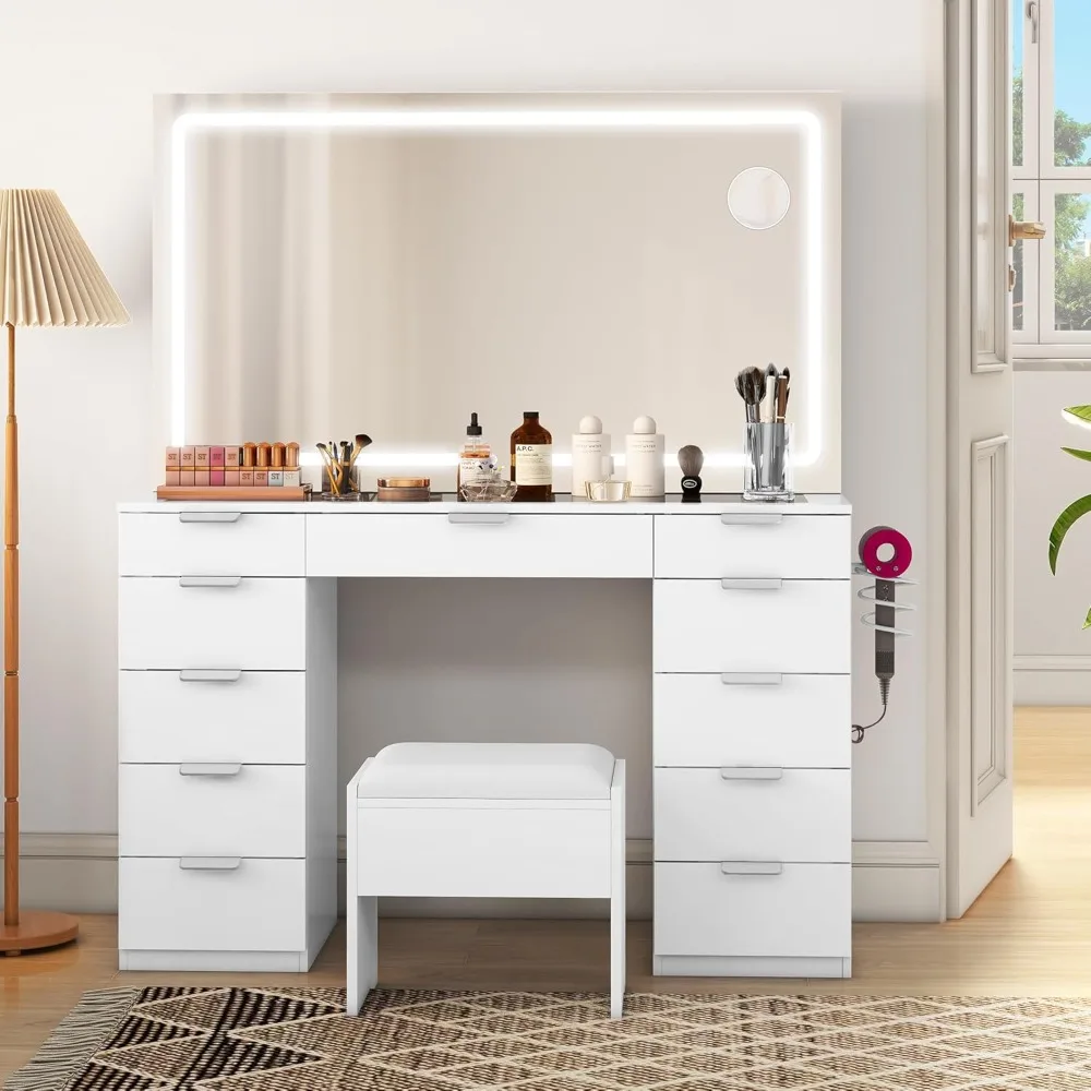 

Vanity Desk Mirror and Power Outlet, 11 Drawers and Magnifying Glass, Storage Bench, 3 Lighting Color Adjustable, Off-White