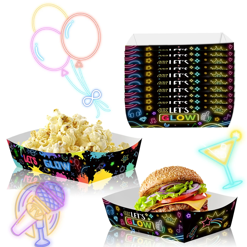 6/12/18/24pcs Let's Glow Paper Food Trays Kraft Paper Food Boat Boxes French Fries Nachos Snack Neon Birthday Party Decoration